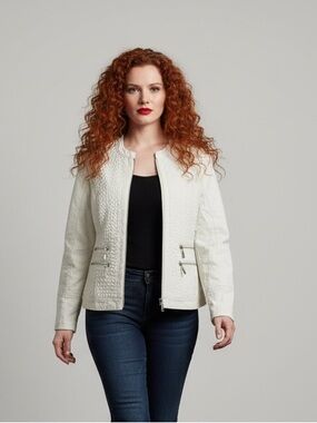 Cleo Off-White Quilted Faux Leather Moto Jacket - Size L
